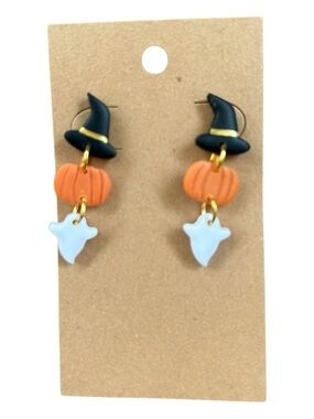 Halloween Pumpkin, Witch Hat & Ghost Dangle Earrings Fall Whimsical Autumn
